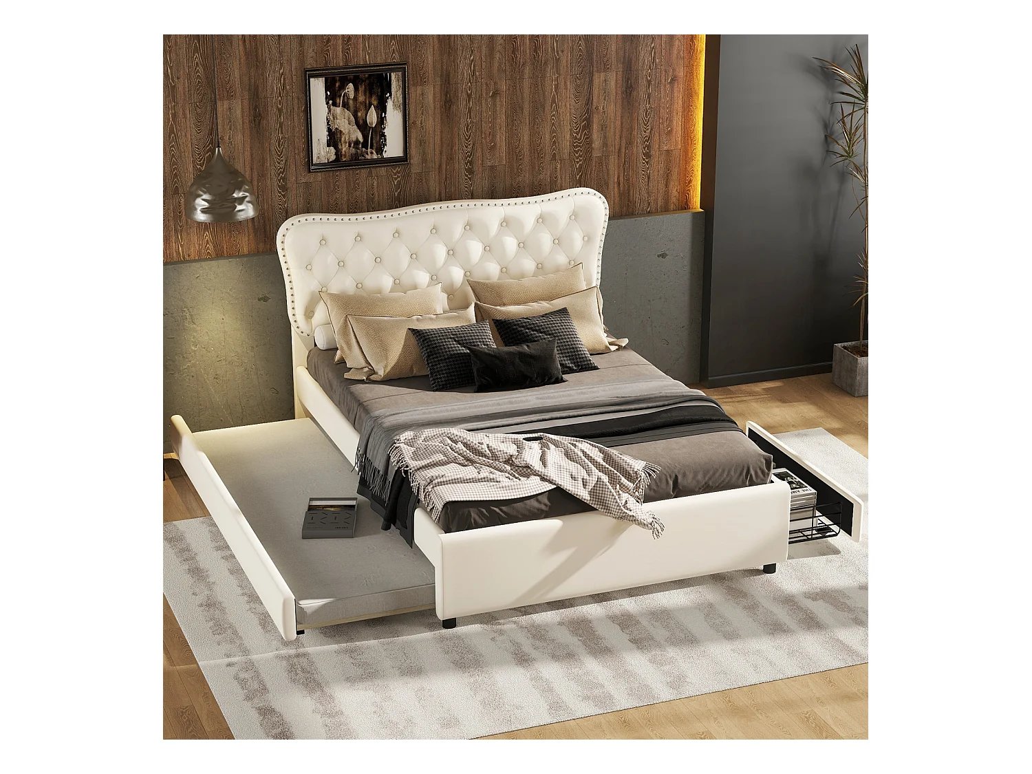 Uitschuifbed 140x200cm+90x190cm, PU gestoffeerd tweepersoonsbed, met lattenbodem, hoofdbord, 2 laden, beige