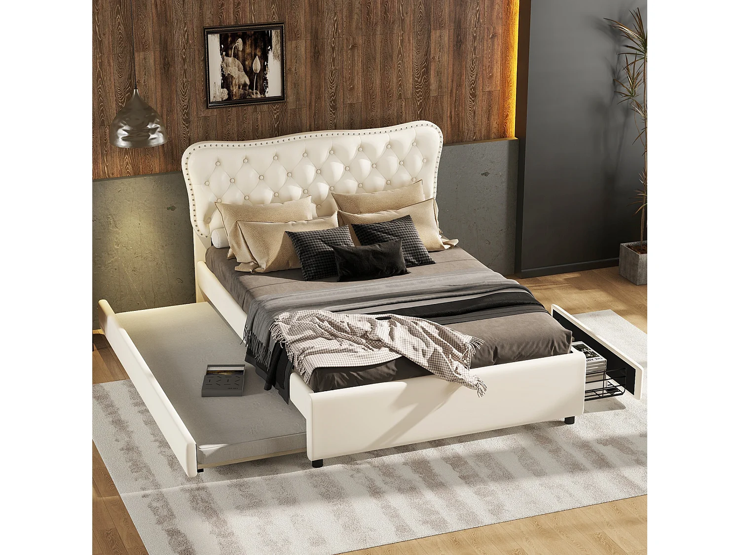 Uitschuifbed 140x200cm+90x190cm, PU gestoffeerd tweepersoonsbed, met lattenbodem, hoofdbord, 2 laden, beige