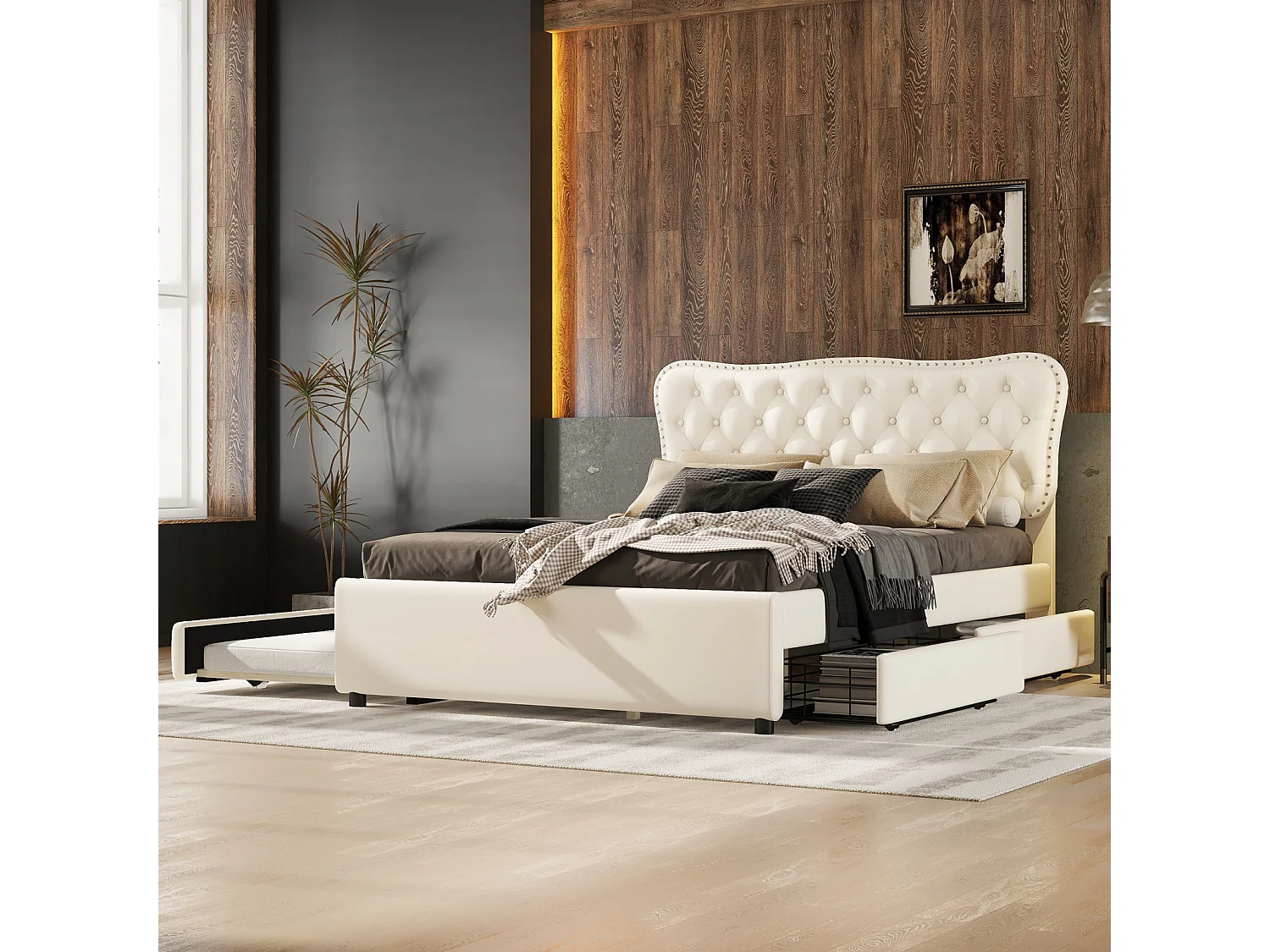 Uitschuifbed 140x200cm+90x190cm, PU gestoffeerd tweepersoonsbed, met lattenbodem, hoofdbord, 2 laden, beige