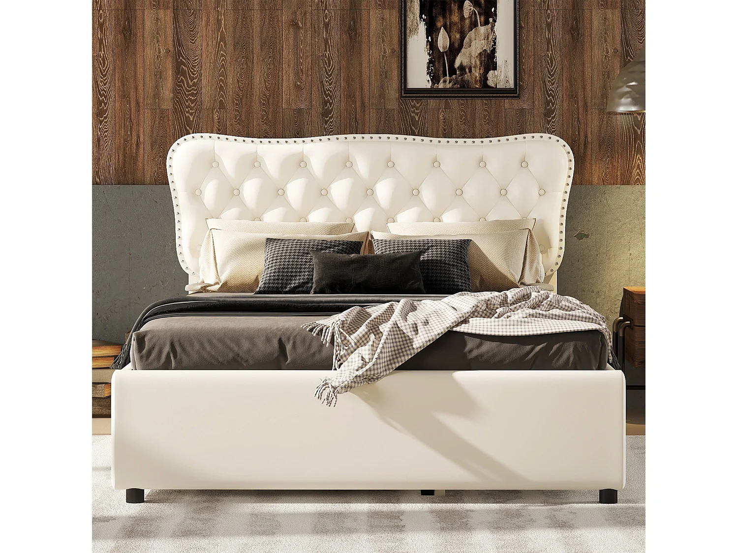 Uitschuifbed 140x200cm+90x190cm, PU gestoffeerd tweepersoonsbed, met lattenbodem, hoofdbord, 2 laden, beige