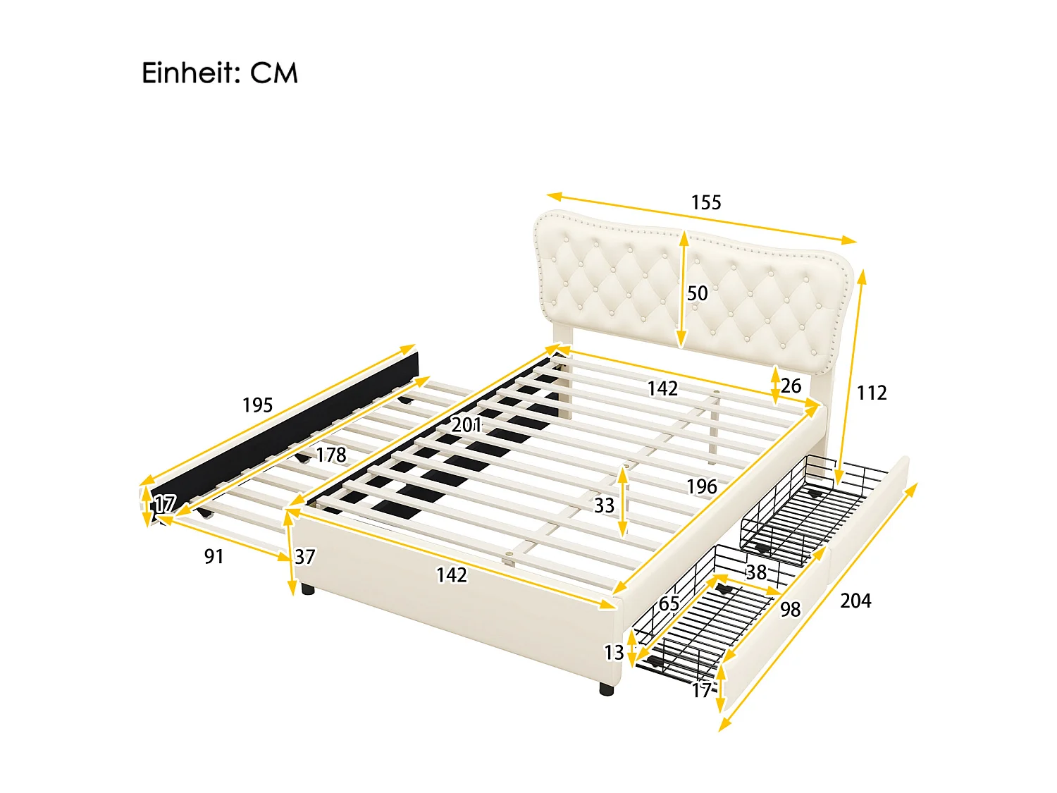 Uitschuifbed 140x200cm+90x190cm, PU gestoffeerd tweepersoonsbed, met lattenbodem, hoofdbord, 2 laden, beige