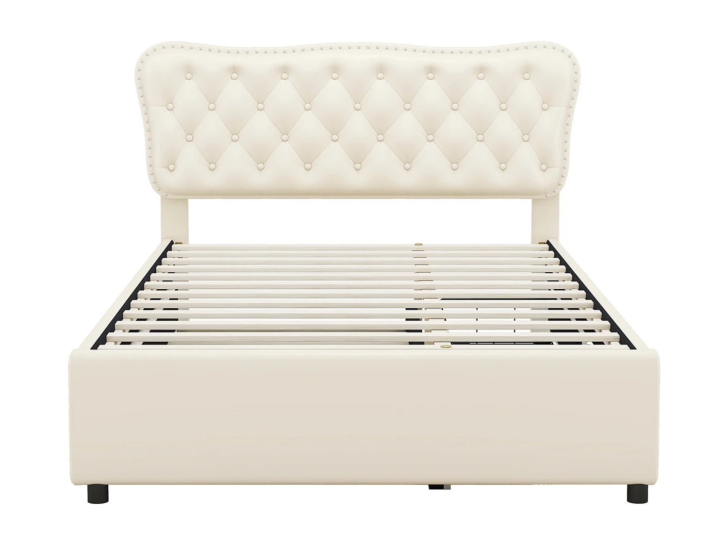 Uitschuifbed 140x200cm+90x190cm, PU gestoffeerd tweepersoonsbed, met lattenbodem, hoofdbord, 2 laden, beige