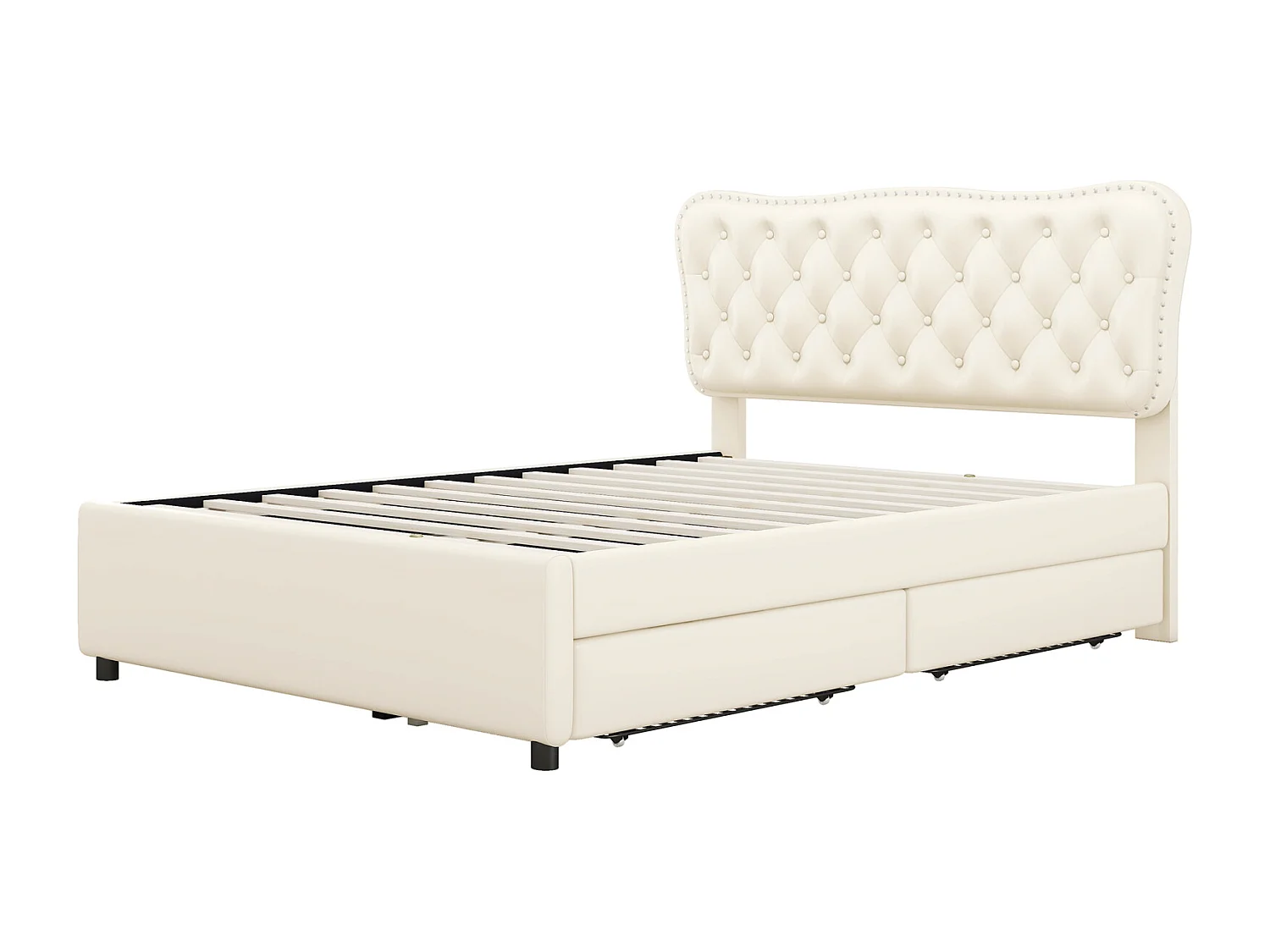 Uitschuifbed 140x200cm+90x190cm, PU gestoffeerd tweepersoonsbed, met lattenbodem, hoofdbord, 2 laden, beige