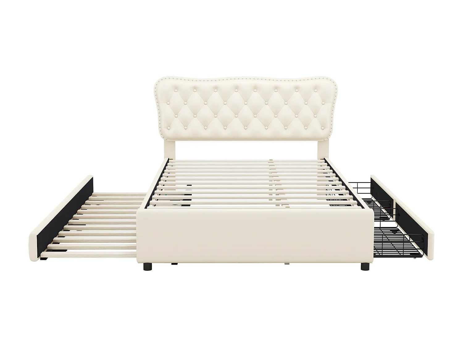 Uitschuifbed 140x200cm+90x190cm, PU gestoffeerd tweepersoonsbed, met lattenbodem, hoofdbord, 2 laden, beige