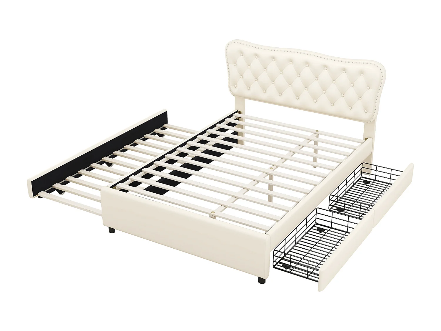 Uitschuifbed 140x200cm+90x190cm, PU gestoffeerd tweepersoonsbed, met lattenbodem, hoofdbord, 2 laden, beige