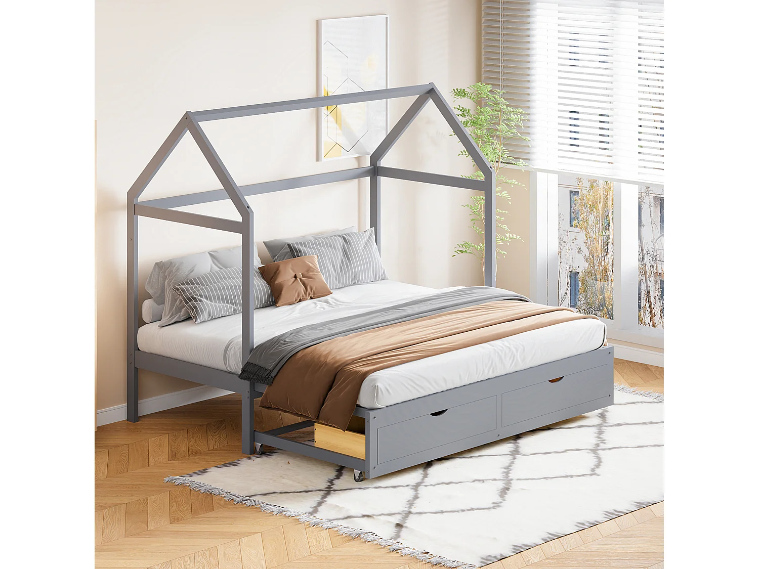 Lit gigogne 90/180 x 190 cm, lit cabane d'enfant avec 2 tiroirs et sommier à lattes, lit en pin, gris