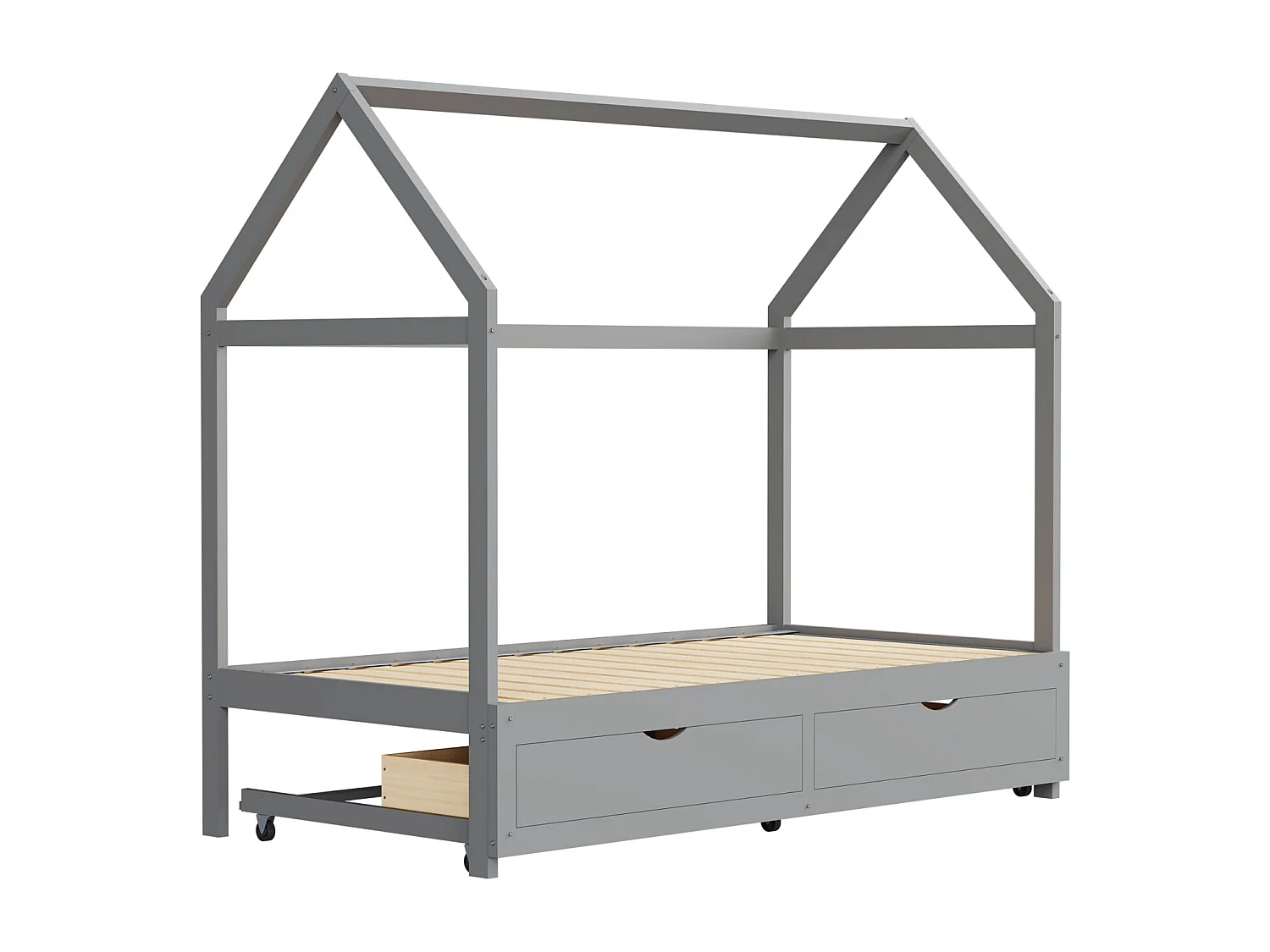 Lit gigogne 90/180 x 190 cm, lit cabane d'enfant avec 2 tiroirs et sommier à lattes, lit en pin, gris