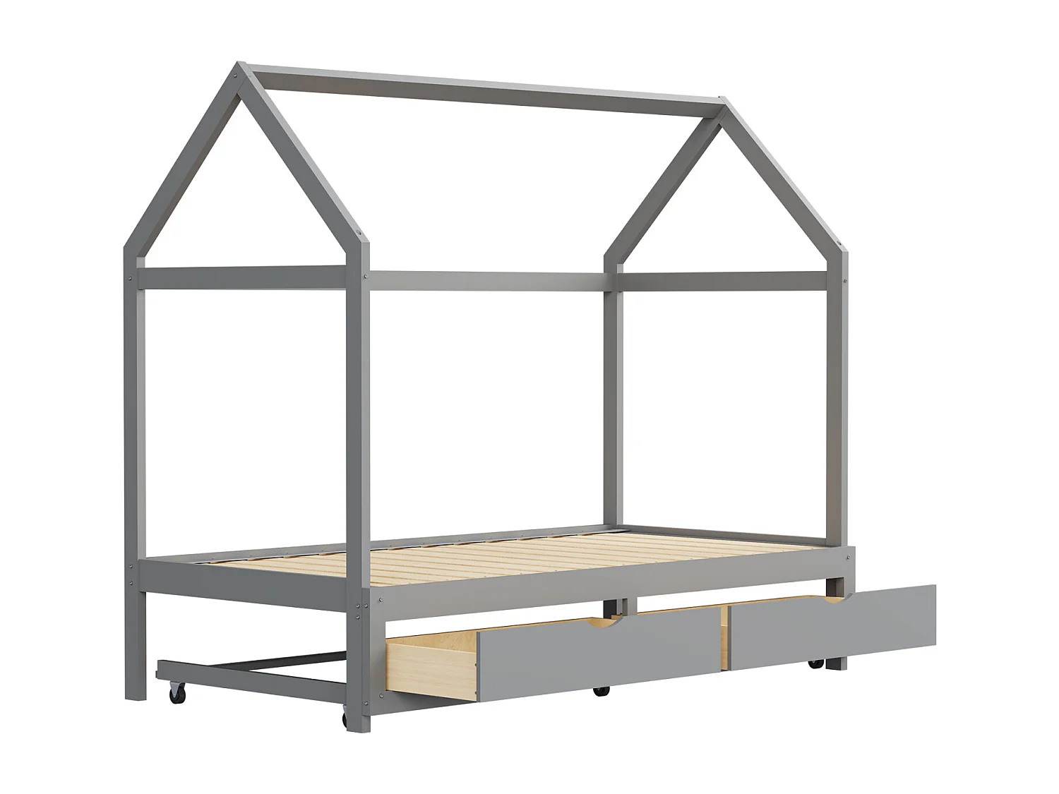 Lit gigogne 90/180 x 190 cm, lit cabane d'enfant avec 2 tiroirs et sommier à lattes, lit en pin, gris