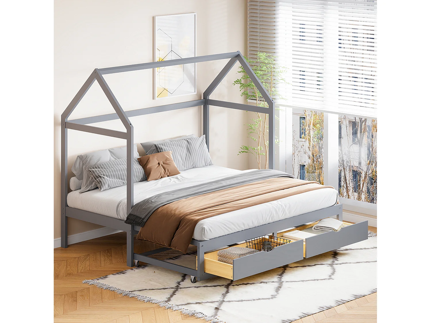 Letto estraibile 90/180 x 190 cm, letto a soppalco per bambini con 2 cassetti e rete a doghe, letto in pino, grigio