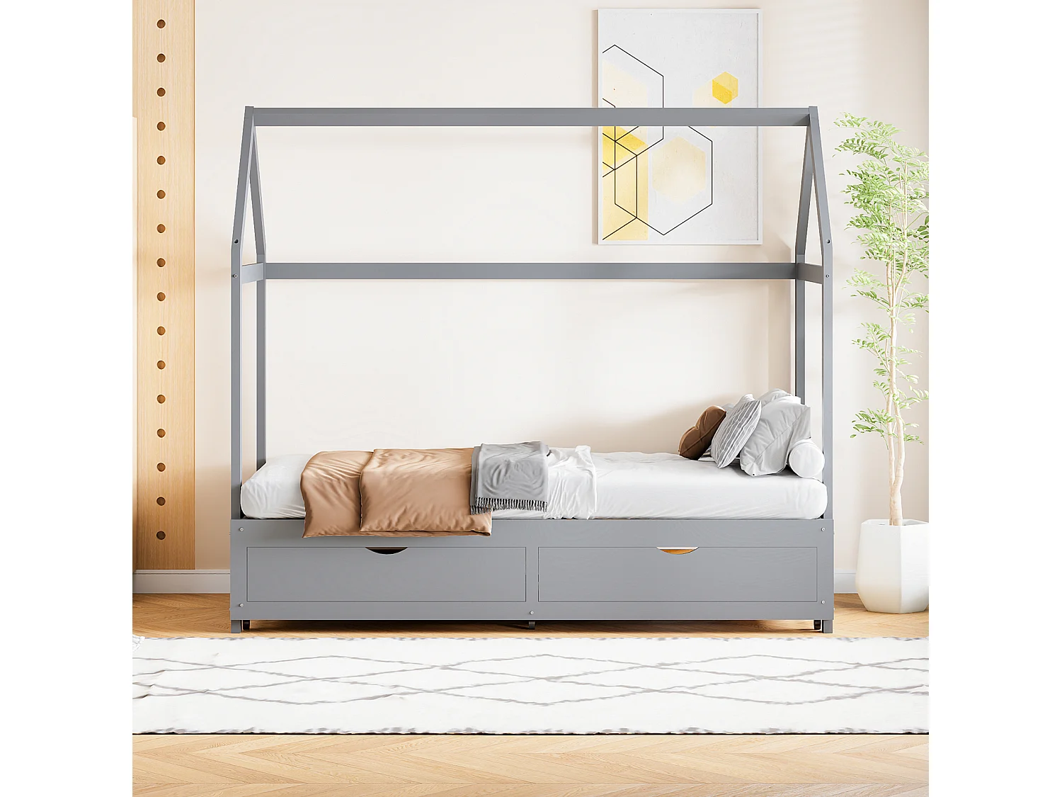 Letto estraibile 90/180 x 190 cm, letto a soppalco per bambini con 2 cassetti e rete a doghe, letto in pino, grigio