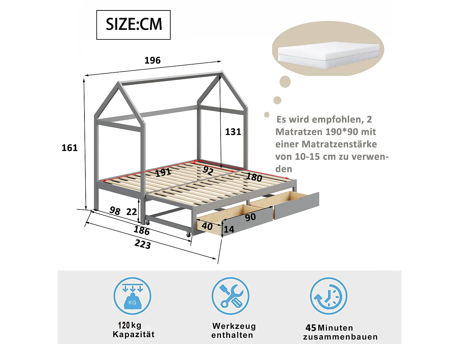 Letto estraibile 90/180 x 190 cm, letto a soppalco per bambini con 2 cassetti e rete a doghe, letto in pino, grigio