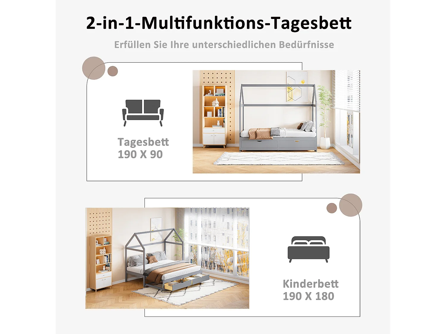 Letto estraibile 90/180 x 190 cm, letto a soppalco per bambini con 2 cassetti e rete a doghe, letto in pino, grigio