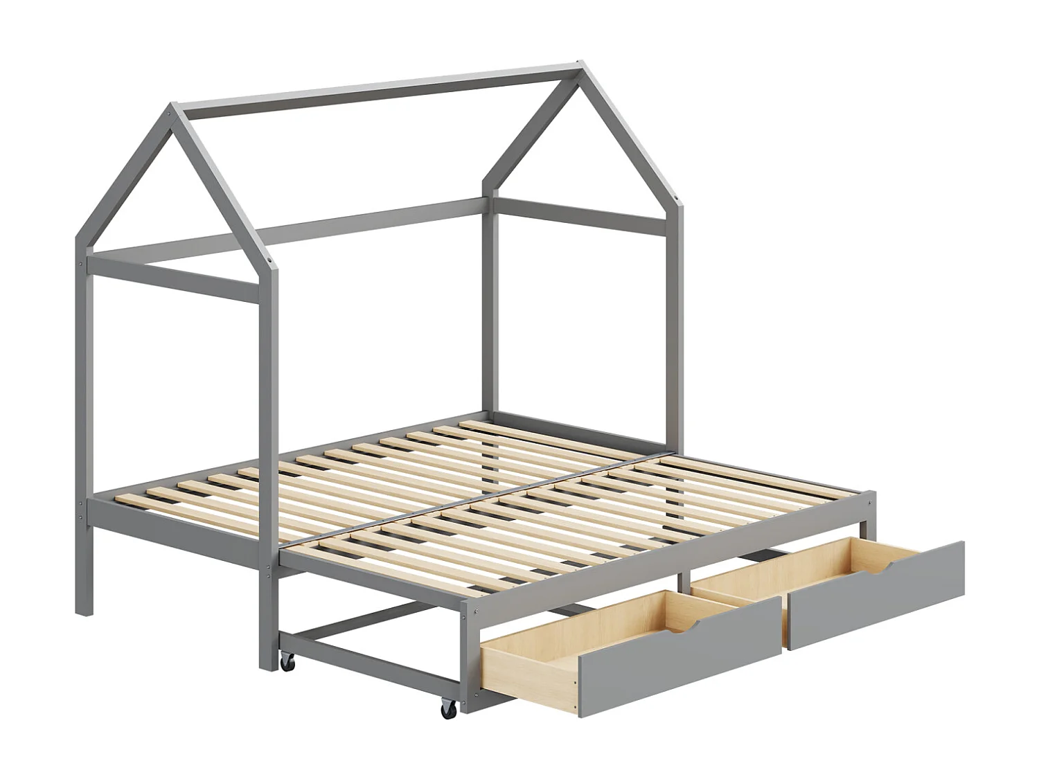 Letto estraibile 90/180 x 190 cm, letto a soppalco per bambini con 2 cassetti e rete a doghe, letto in pino, grigio