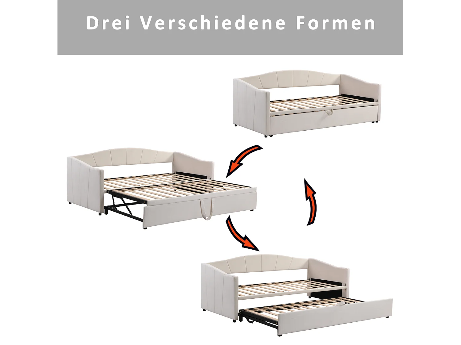 Cama nido 90/180x200cm, sofá cama tapizado extensible con somieres, cama multifunción en tejido terciopelo estilo moderno - beige