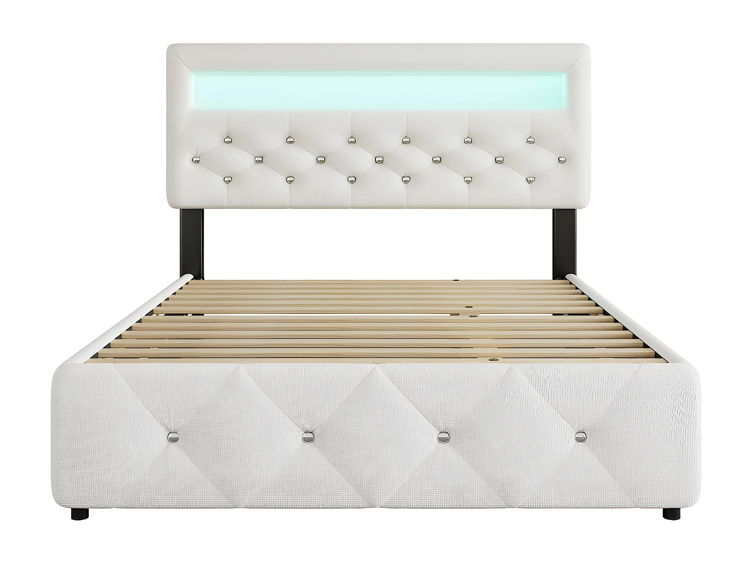 Lit gigogne capitonné 140x200cm+90x200cm, lit double plateforme avec 2 tiroirs, table de lit avec barre lumineuse, blanc