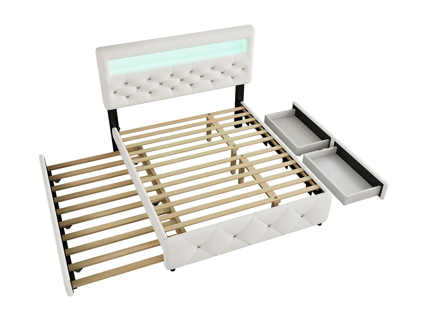 Lit gigogne capitonné 140x200cm+90x200cm, lit double plateforme avec 2 tiroirs, table de lit avec barre lumineuse, blanc