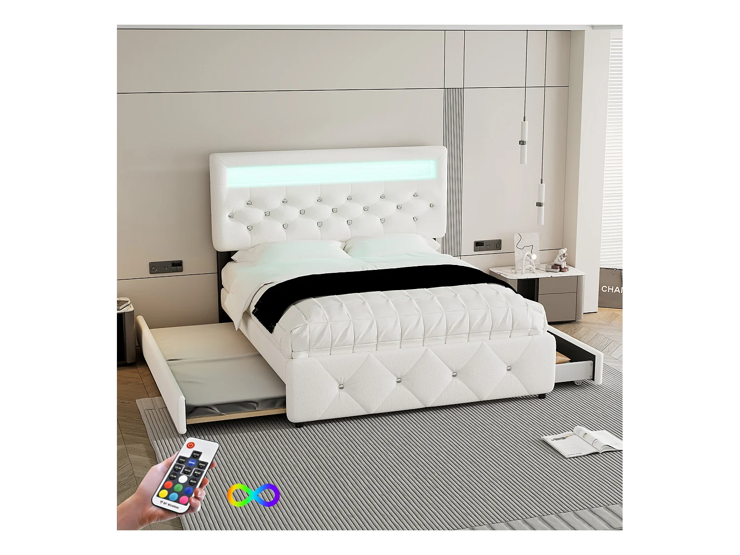 Lit gigogne capitonné 140x200cm+90x200cm, lit double plateforme avec 2 tiroirs, table de lit avec barre lumineuse, blanc