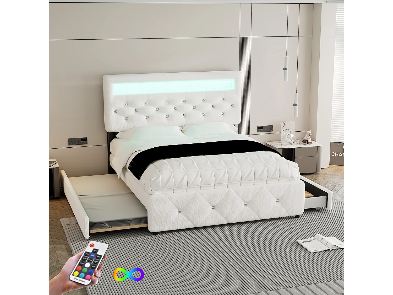 Gestoffeerd uitschuifbed 140x200cm+90x200cm, tweepersoonsbed met 2 lades, nachtkastje met lichtbalk, wit