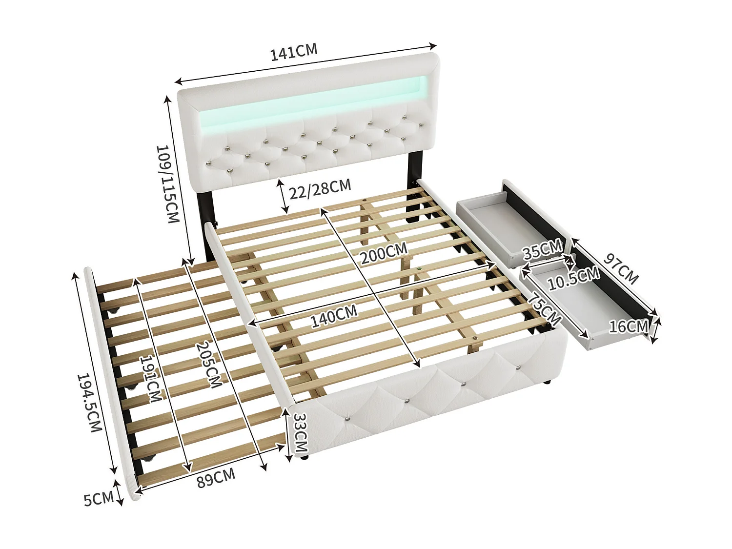 Gestoffeerd uitschuifbed 140x200cm+90x200cm, tweepersoonsbed met 2 lades, nachtkastje met lichtbalk, wit