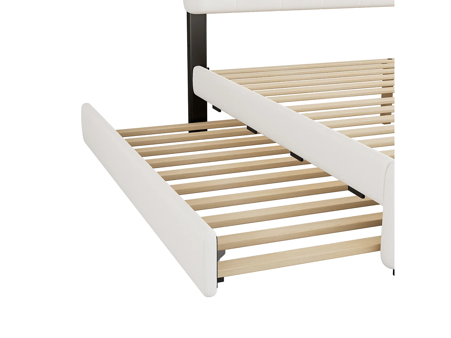 Gestoffeerd uitschuifbed 140x200cm+90x200cm, tweepersoonsbed met 2 lades, nachtkastje met lichtbalk, wit