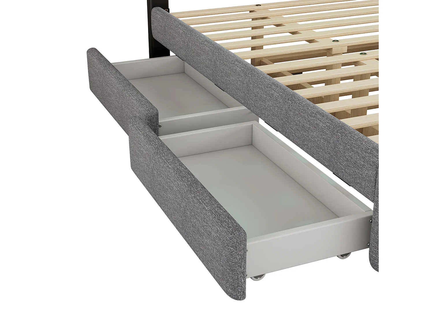 Lit gigogne capitonné 140x200cm+90x200cm, lit double plateforme avec 2 tiroirs, table de lit avec barre lumineuse, gris