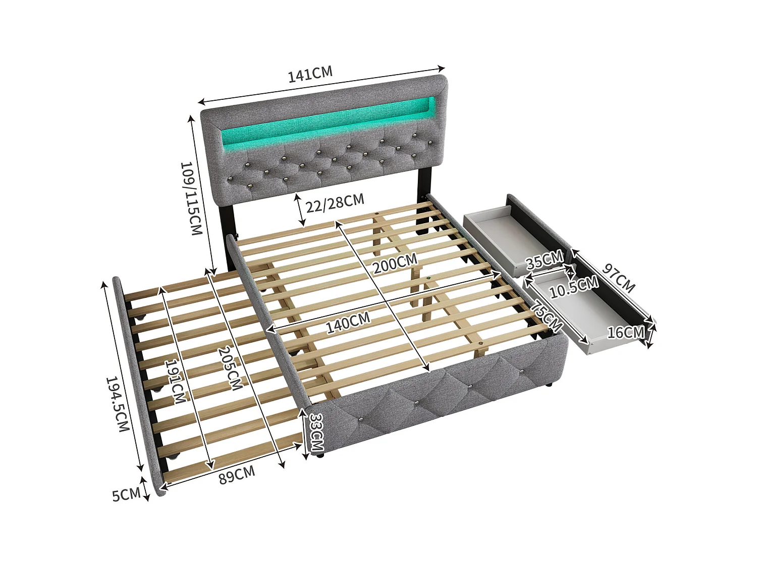 Lit gigogne capitonné 140x200cm+90x200cm, lit double plateforme avec 2 tiroirs, table de lit avec barre lumineuse, gris