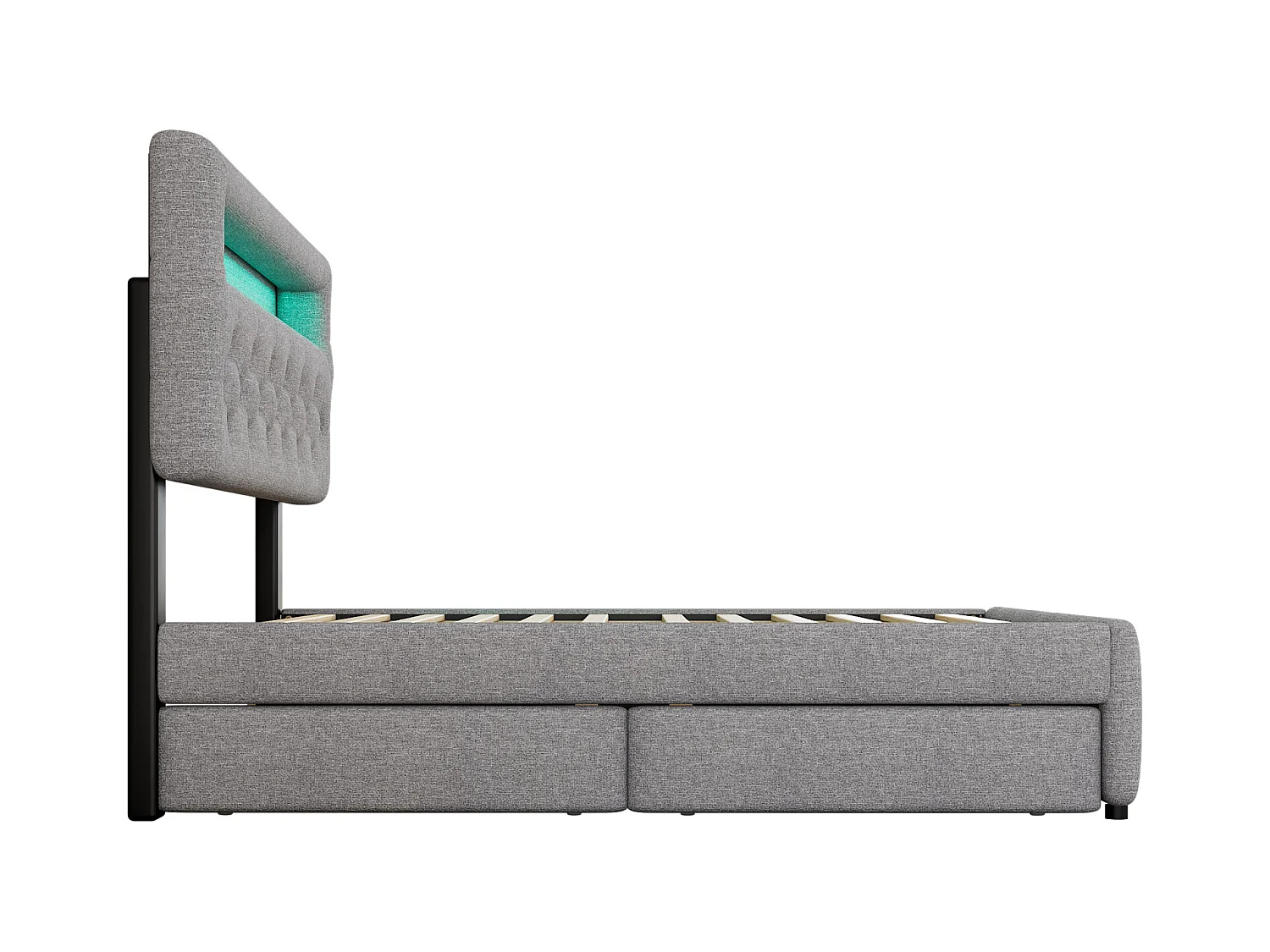 Lit gigogne capitonné 140x200cm+90x200cm, lit double plateforme avec 2 tiroirs, table de lit avec barre lumineuse, gris