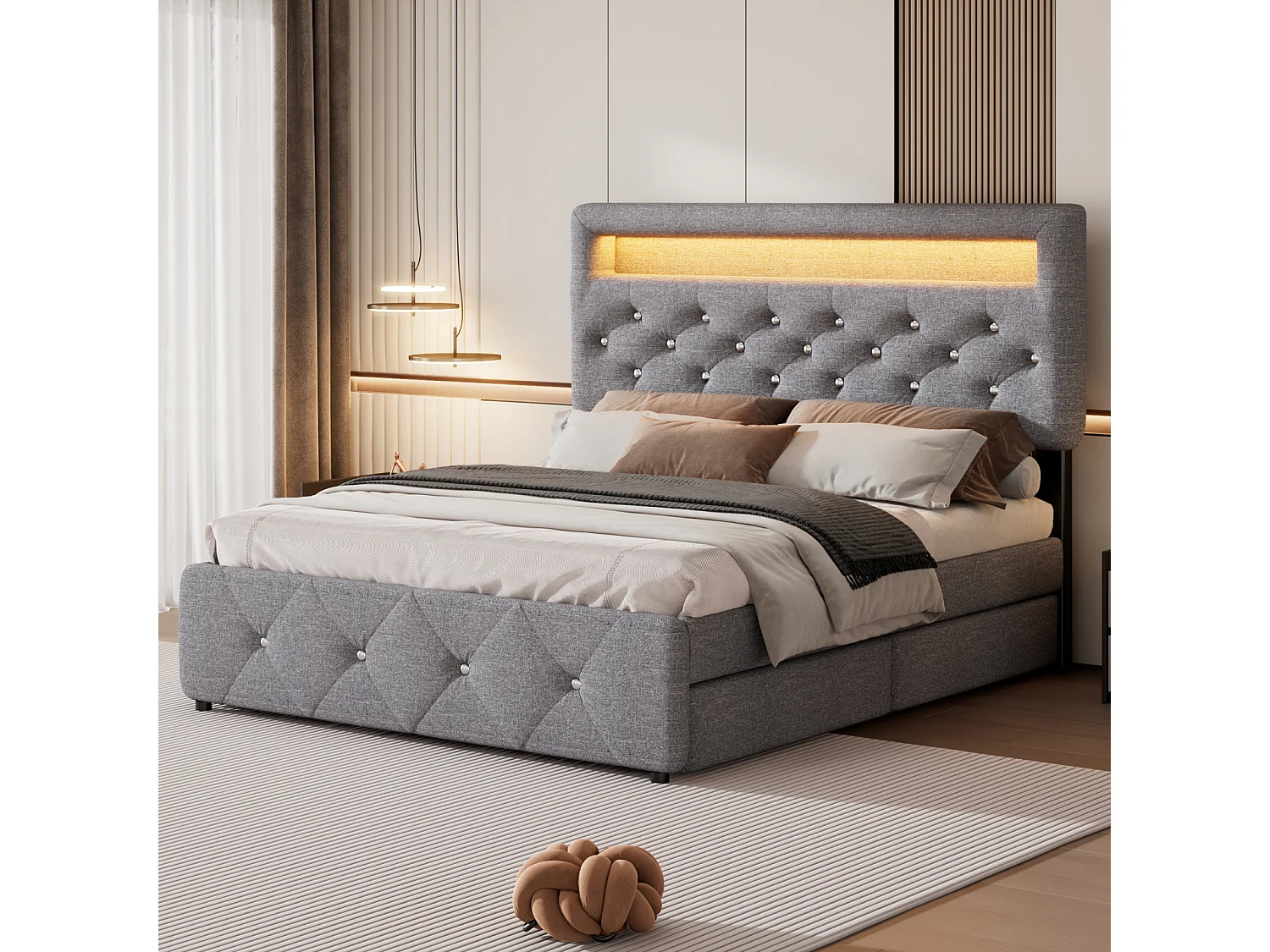 Gepolstertes Ausziehbett 140x200cm+90x200cm, Doppelbett mit 2 Schubladen, Nachttisch mit Lichtleiste, grau