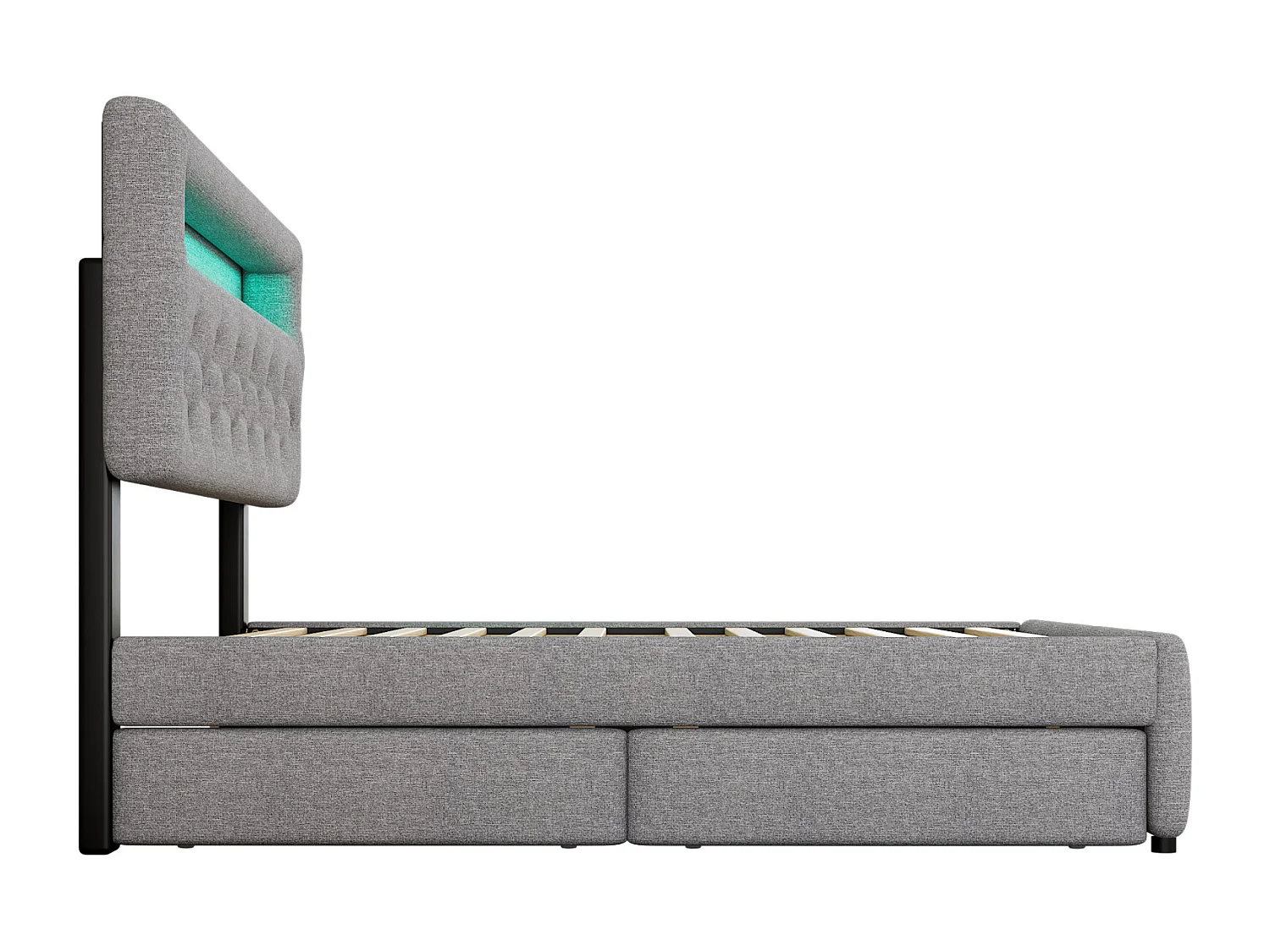 Gepolstertes Ausziehbett 140x200cm+90x200cm, Doppelbett mit 2 Schubladen, Nachttisch mit Lichtleiste, grau