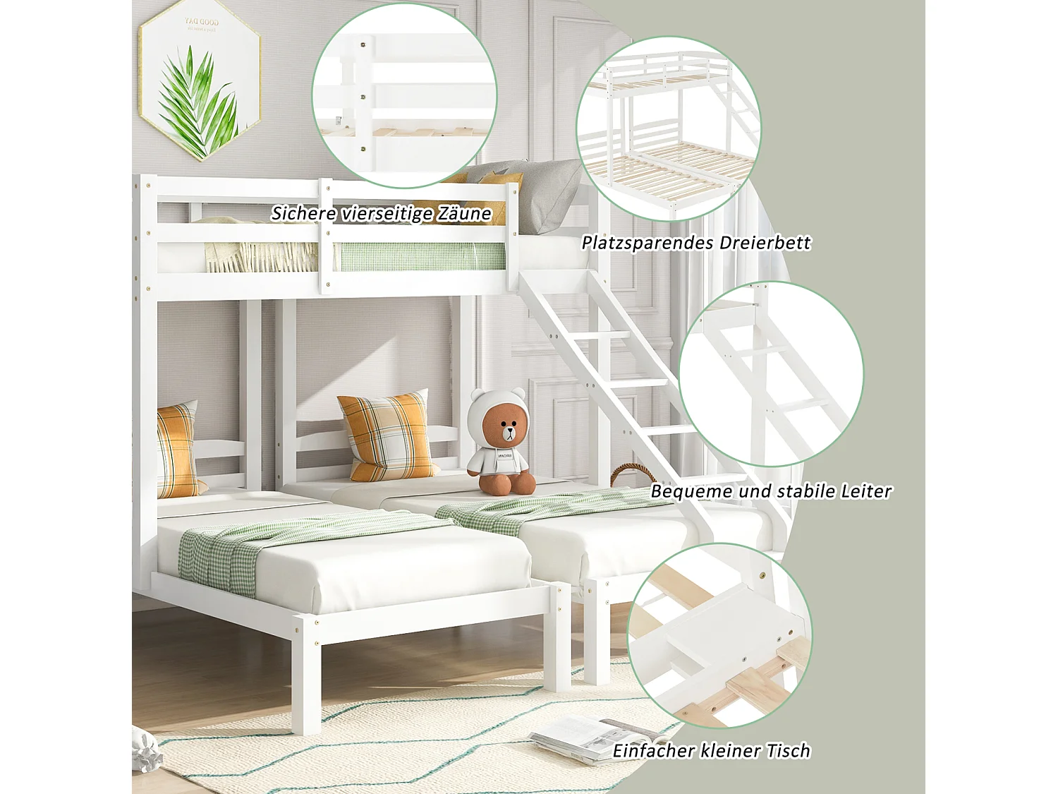 Stapelbed 90 x 200cm Driepersoonsbed - met zijladder, lattenbodem van grenenhout, voor 3 personen - Wit