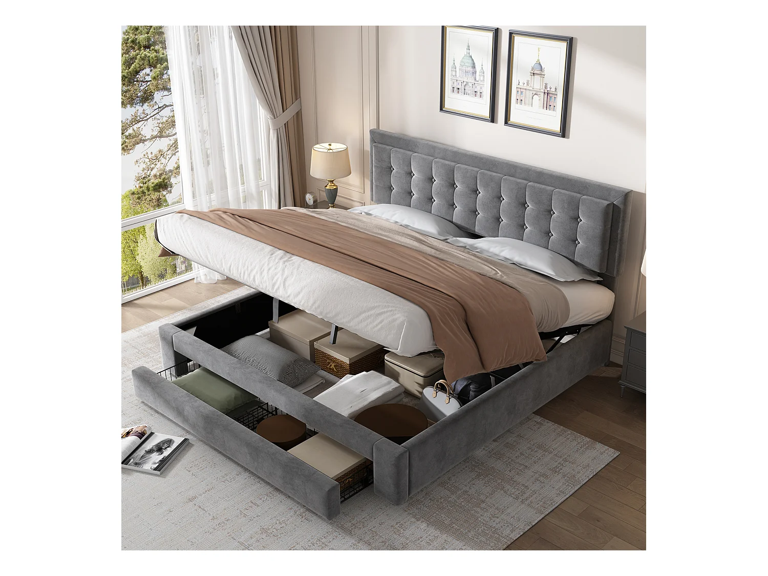 Lit coffre 180x200cm, lit double rembourré avec sommier à lattes et tête de lit réglable avec 2 tiroirs, tissu en velours, gris