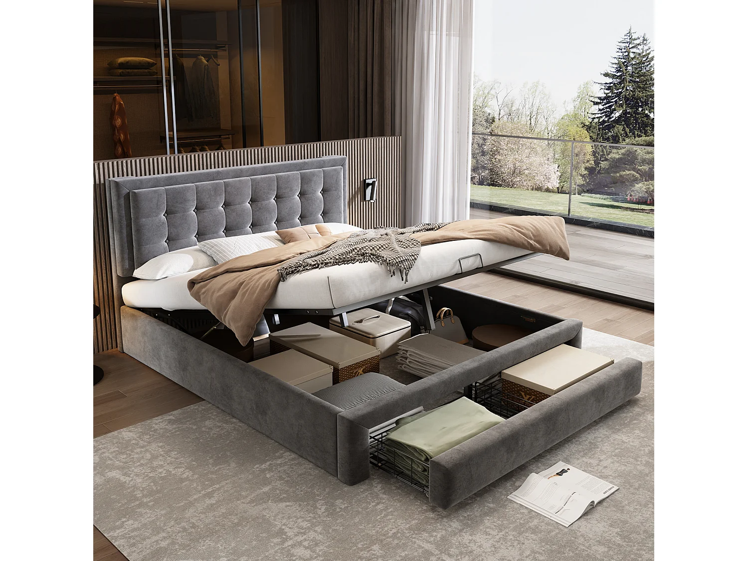 Cama de arrumação 180x200cm, cama de casal estofada com estrado de ripas e cabeceira regulável com 2 gavetas, tecido veludo, cinzento
