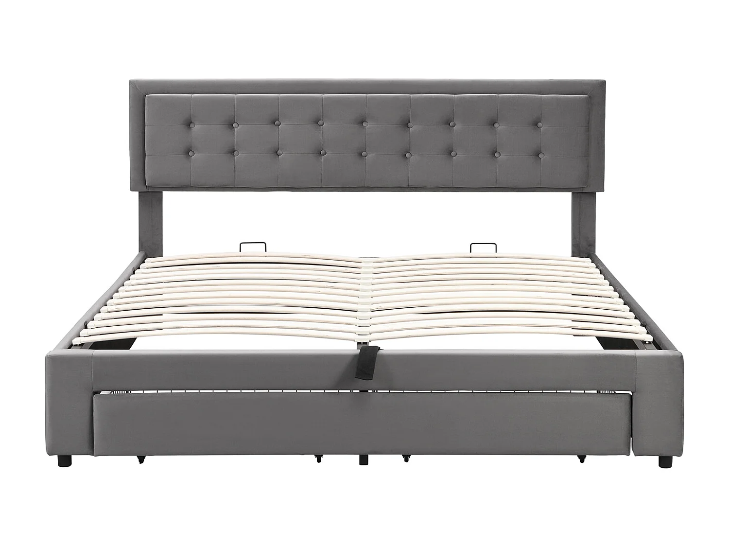 Cama de arrumação 180x200cm, cama de casal estofada com estrado de ripas e cabeceira regulável com 2 gavetas, tecido veludo, cinzento