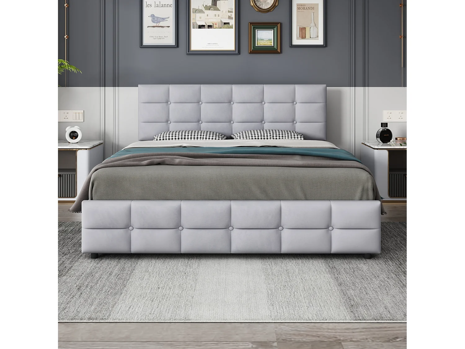 Cama de casal 180x200cm, cama de adulto com 4 gavetas, estrado e encosto de ripas e cabeceira, em veludo - para adultos e adolescentes - cinzento