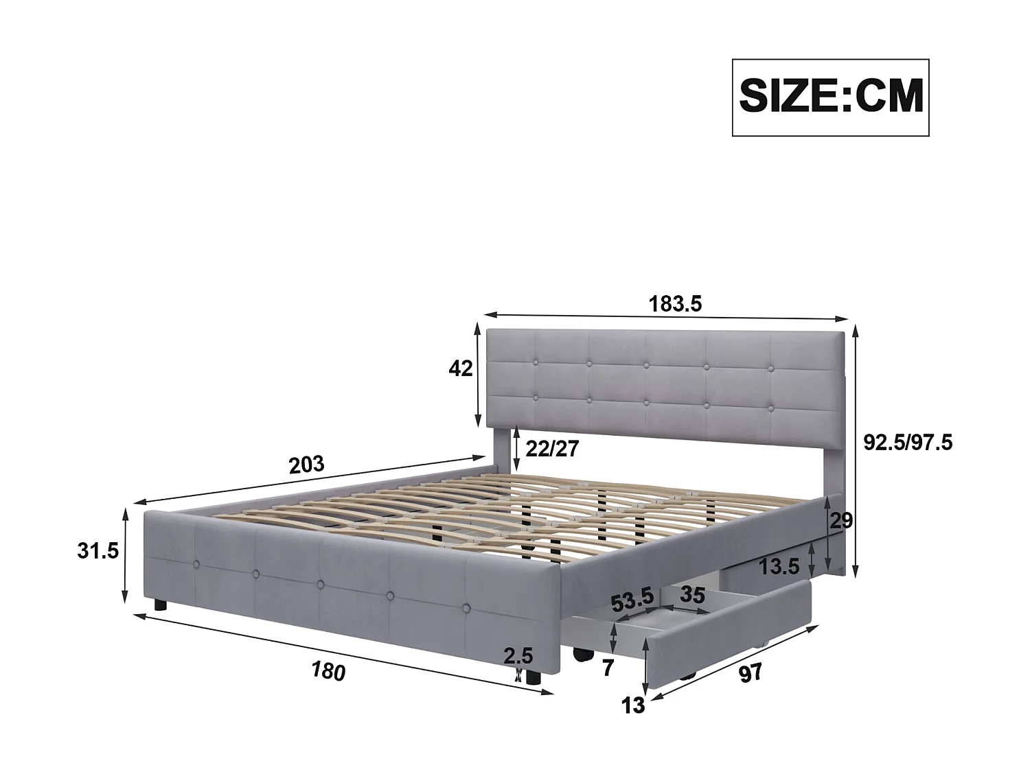 Cama de casal 180x200cm, cama de adulto com 4 gavetas, estrado e encosto de ripas e cabeceira, em veludo - para adultos e adolescentes - cinzento