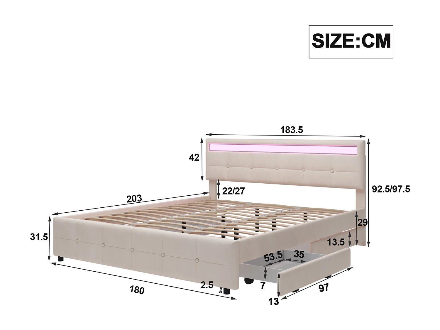 Cama de casal estofada 180 x 200 cm - 4 gavetas e LED - em tecido veludo - Bege