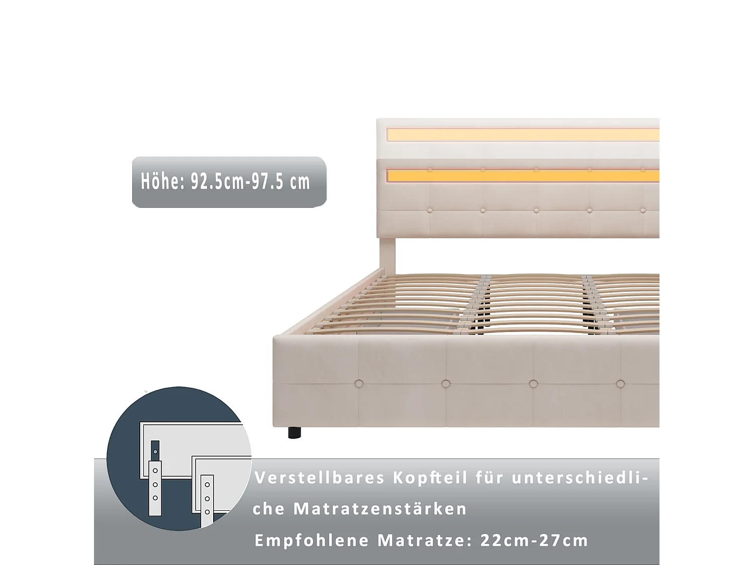 Cama de casal estofada 180 x 200 cm - 4 gavetas e LED - em tecido veludo - Bege