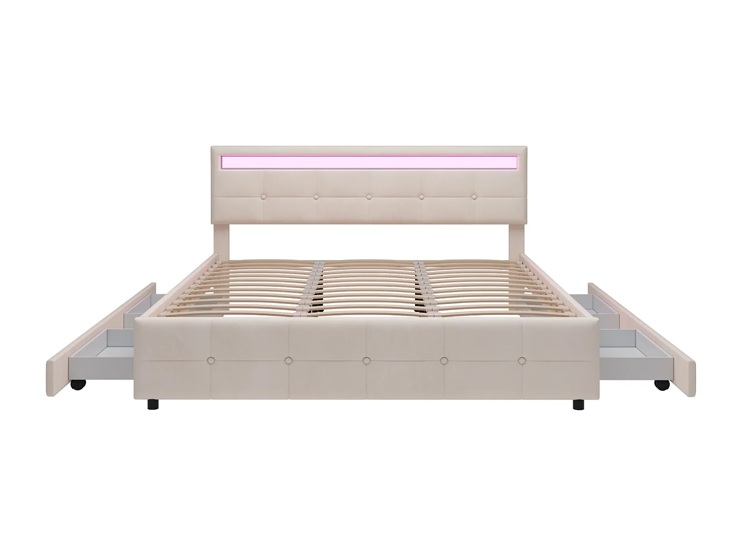 Cama de casal estofada 180 x 200 cm - 4 gavetas e LED - em tecido veludo - Bege