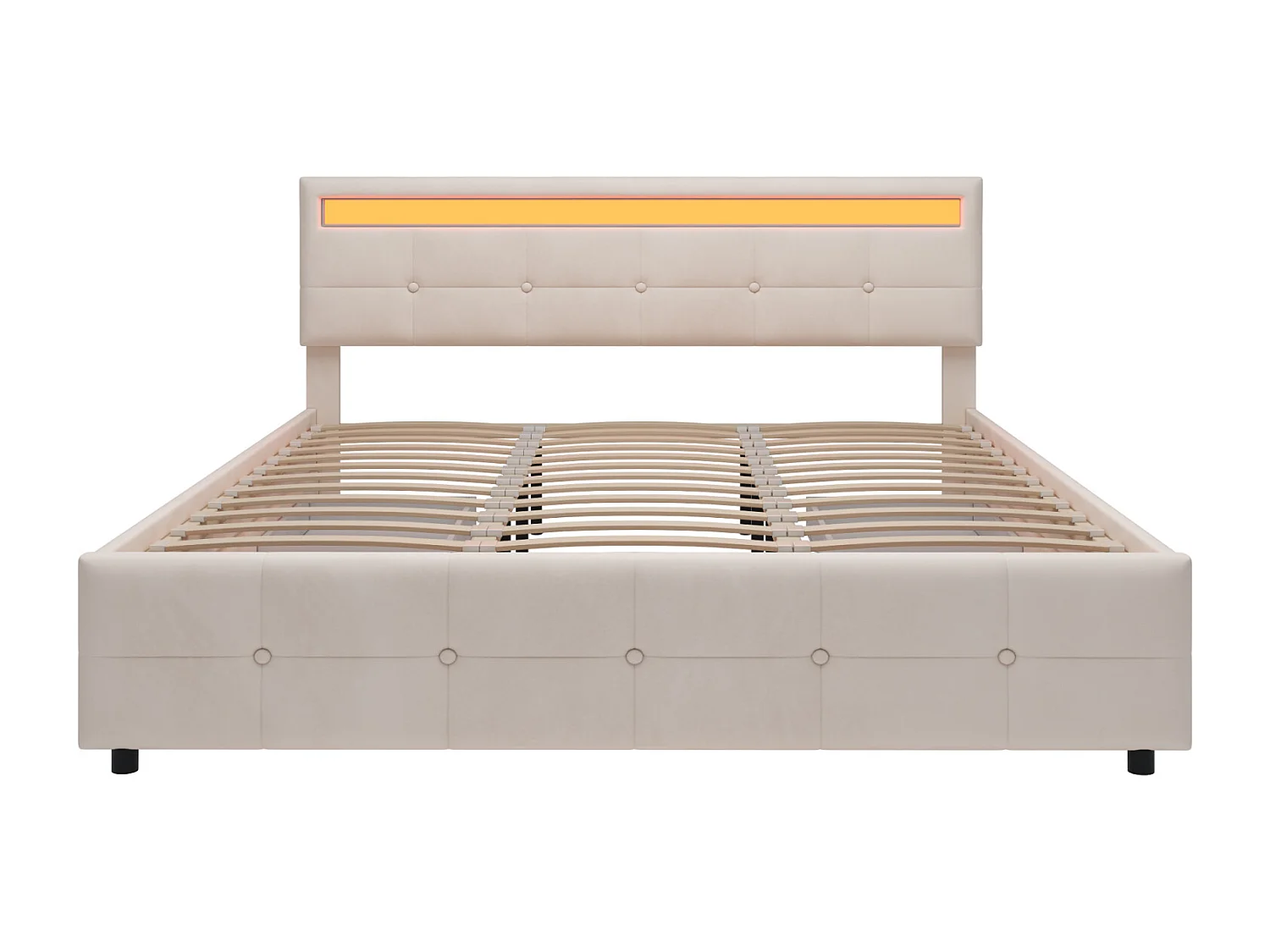 Cama de casal estofada 180 x 200 cm - 4 gavetas e LED - em tecido veludo - Bege