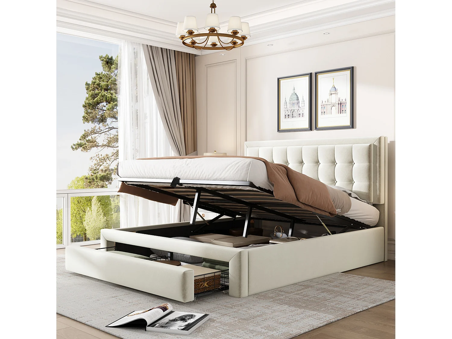 Cama de arrumação 140x200cm, cama de casal estofada com estrado de ripas e cabeceira regulável com 2 gavetas, tecido veludo, bege