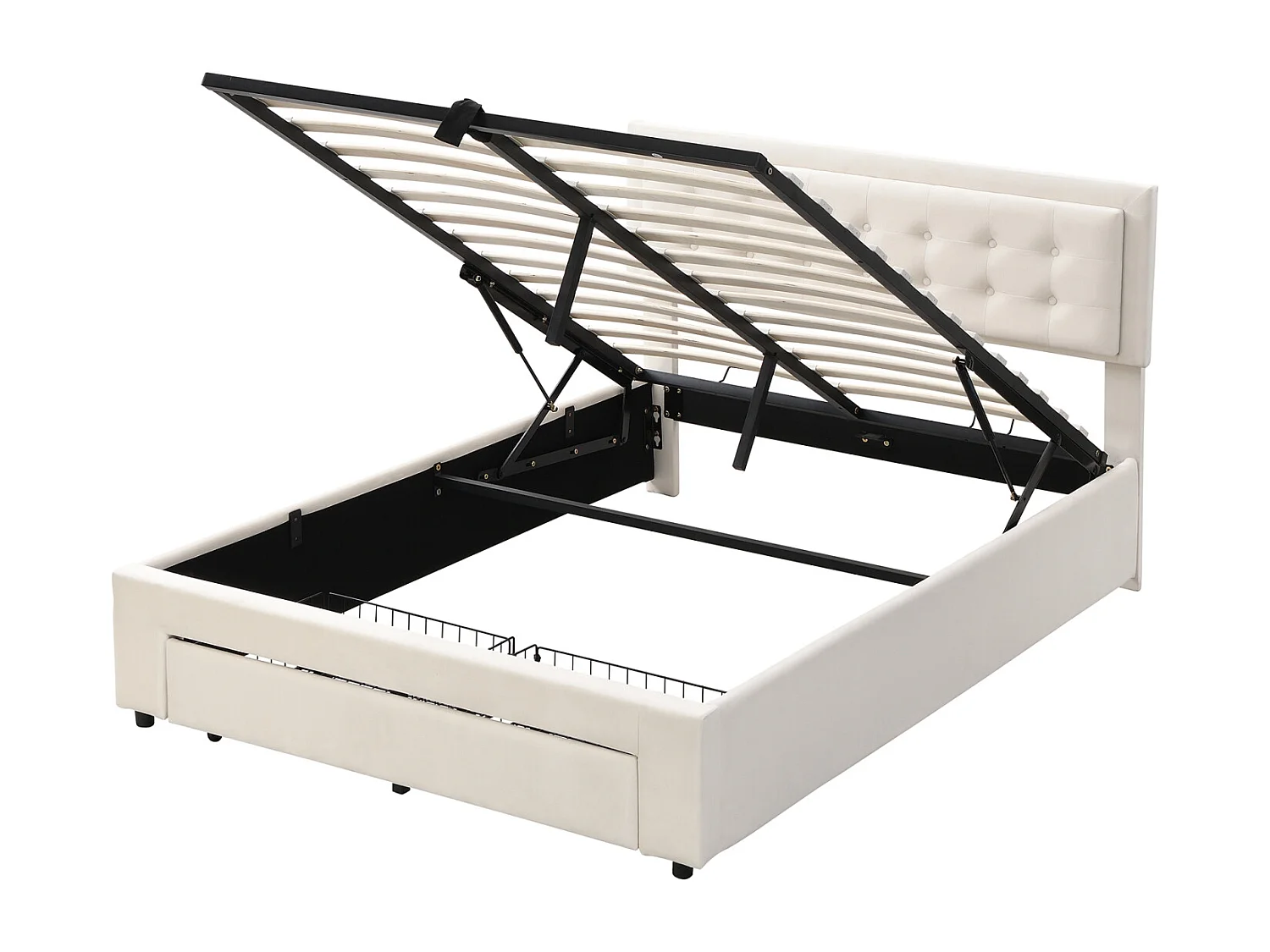 Cama de arrumação 140x200cm, cama de casal estofada com estrado de ripas e cabeceira regulável com 2 gavetas, tecido veludo, bege