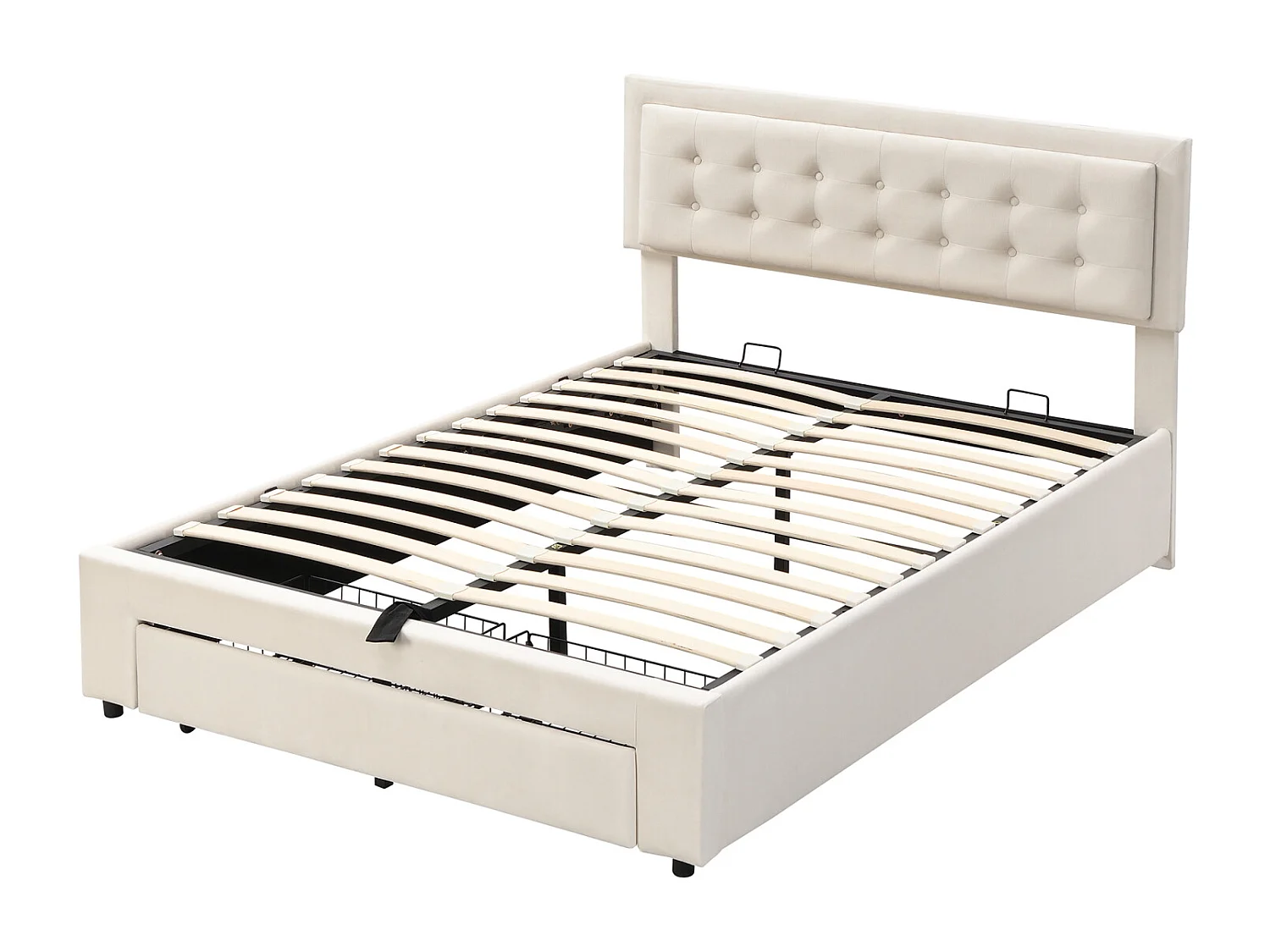 Cama de arrumação 140x200cm, cama de casal estofada com estrado de ripas e cabeceira regulável com 2 gavetas, tecido veludo, bege