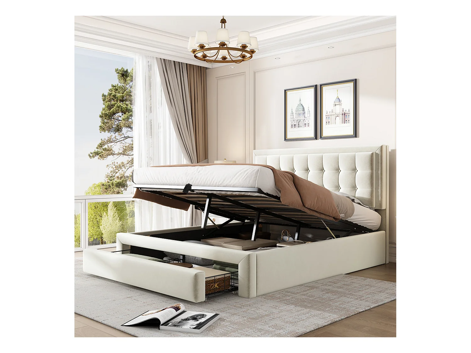 Lit coffre 140x190cm, lit double rembourré avec sommier à lattes et tête de lit réglable avec 2 tiroirs, tissu en velours, beige