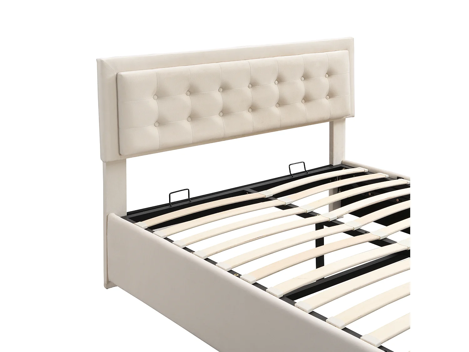 Cama de arrumação 140x190cm, cama de casal estofada com estrado de ripas e cabeceira ajustável com 2 gavetas, tecido veludo, bege