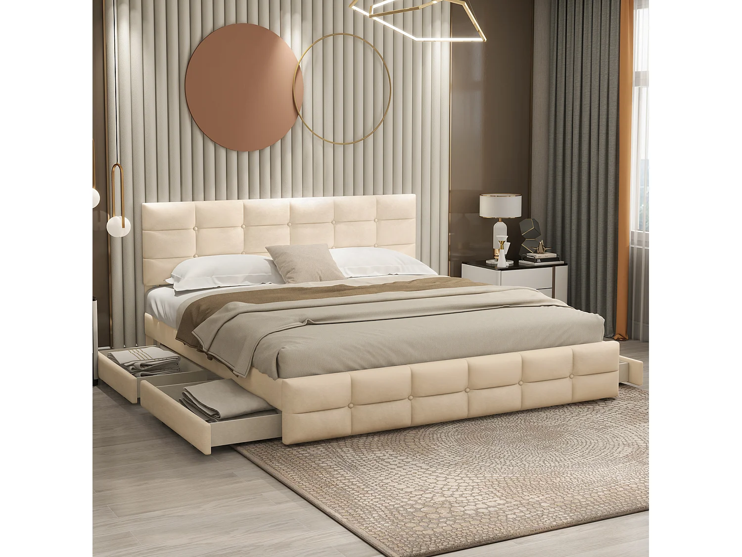 Cama de casal 180x200cm, cama de adulto com 4 gavetas, estrado e encosto de ripas e cabeceira, em veludo - para adultos e adolescentes - bege