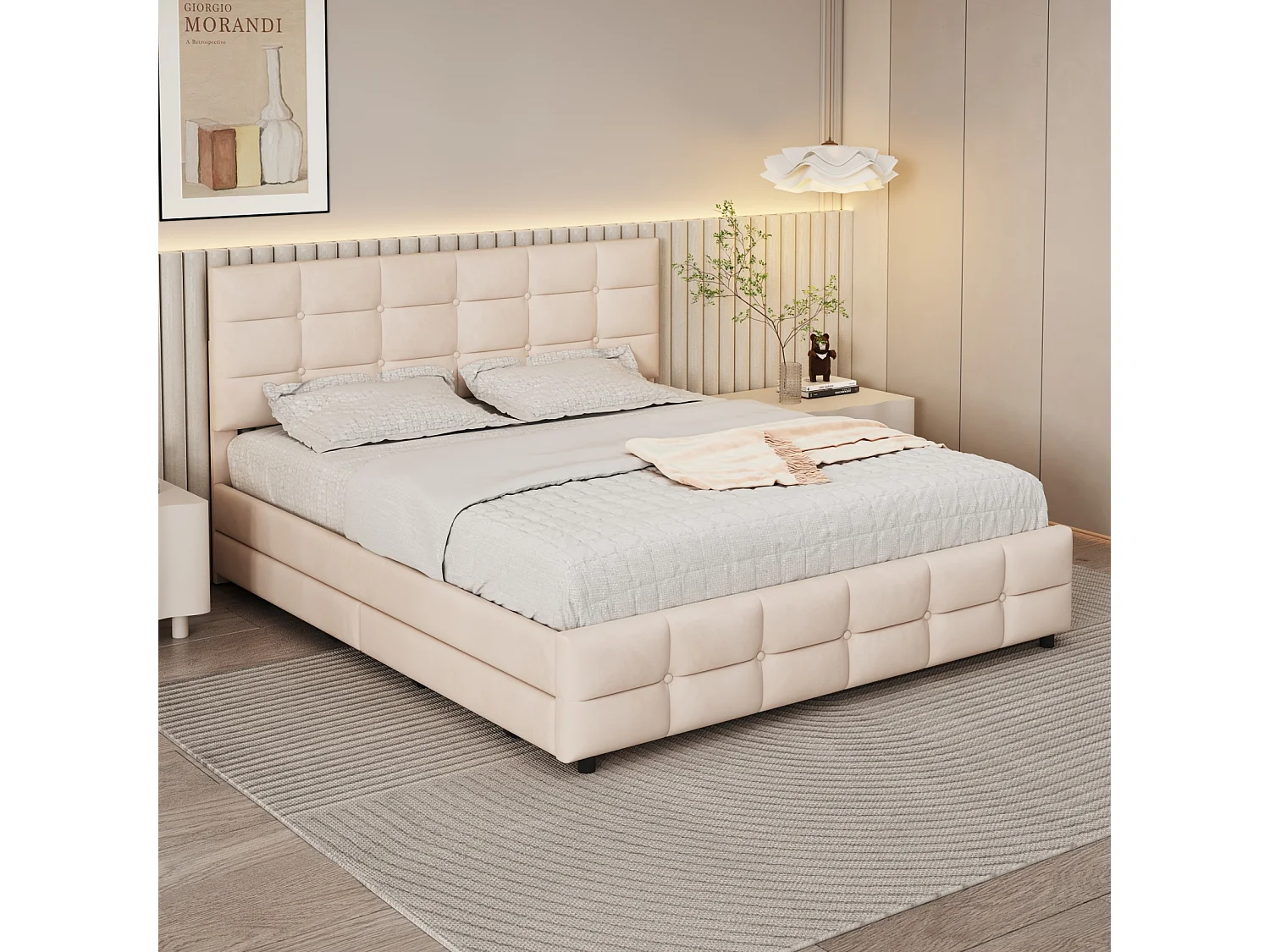 Cama de casal 180x200cm, cama de adulto com 4 gavetas, estrado e encosto de ripas e cabeceira, em veludo - para adultos e adolescentes - bege