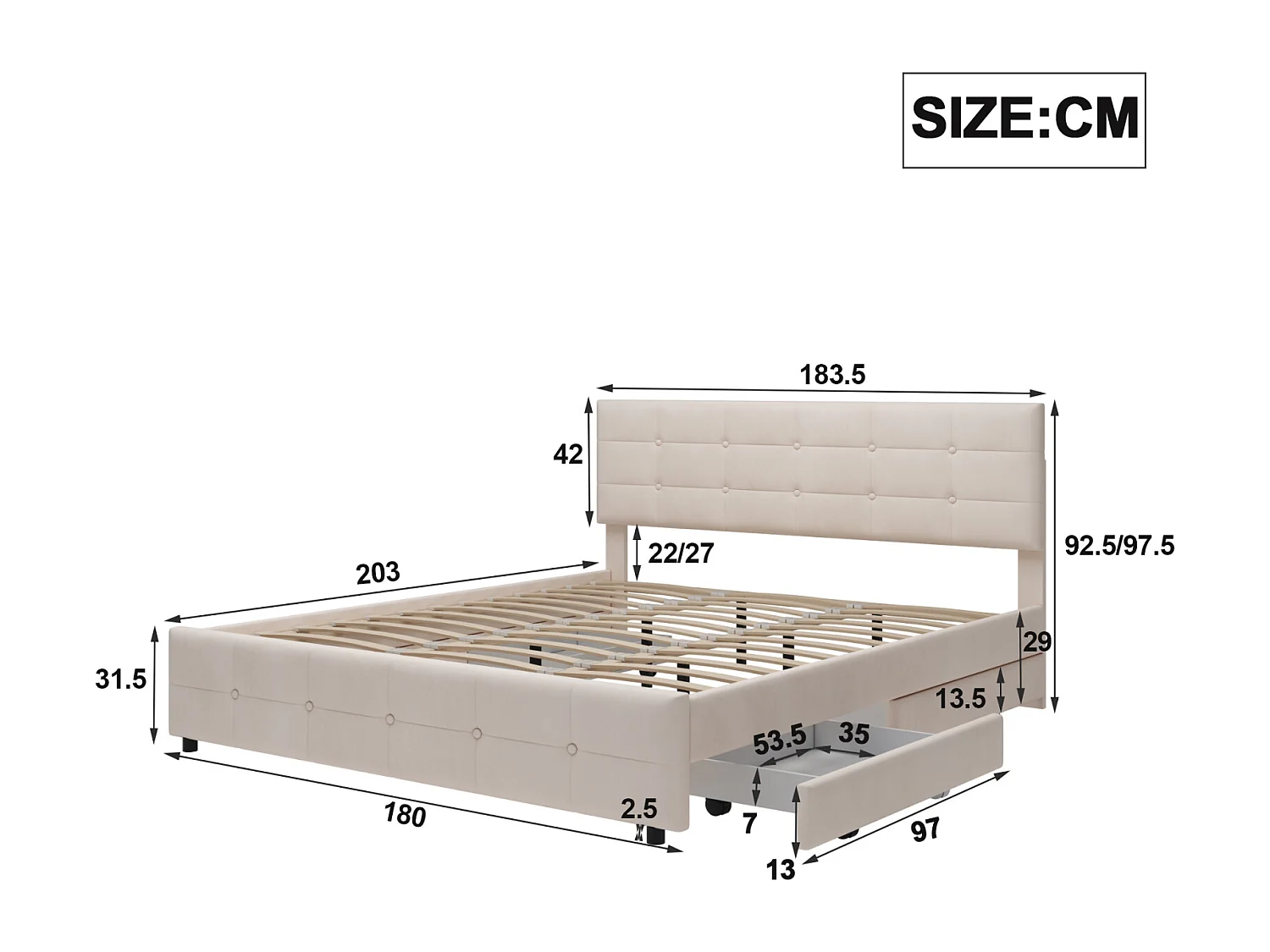 Cama de casal 180x200cm, cama de adulto com 4 gavetas, estrado e encosto de ripas e cabeceira, em veludo - para adultos e adolescentes - bege