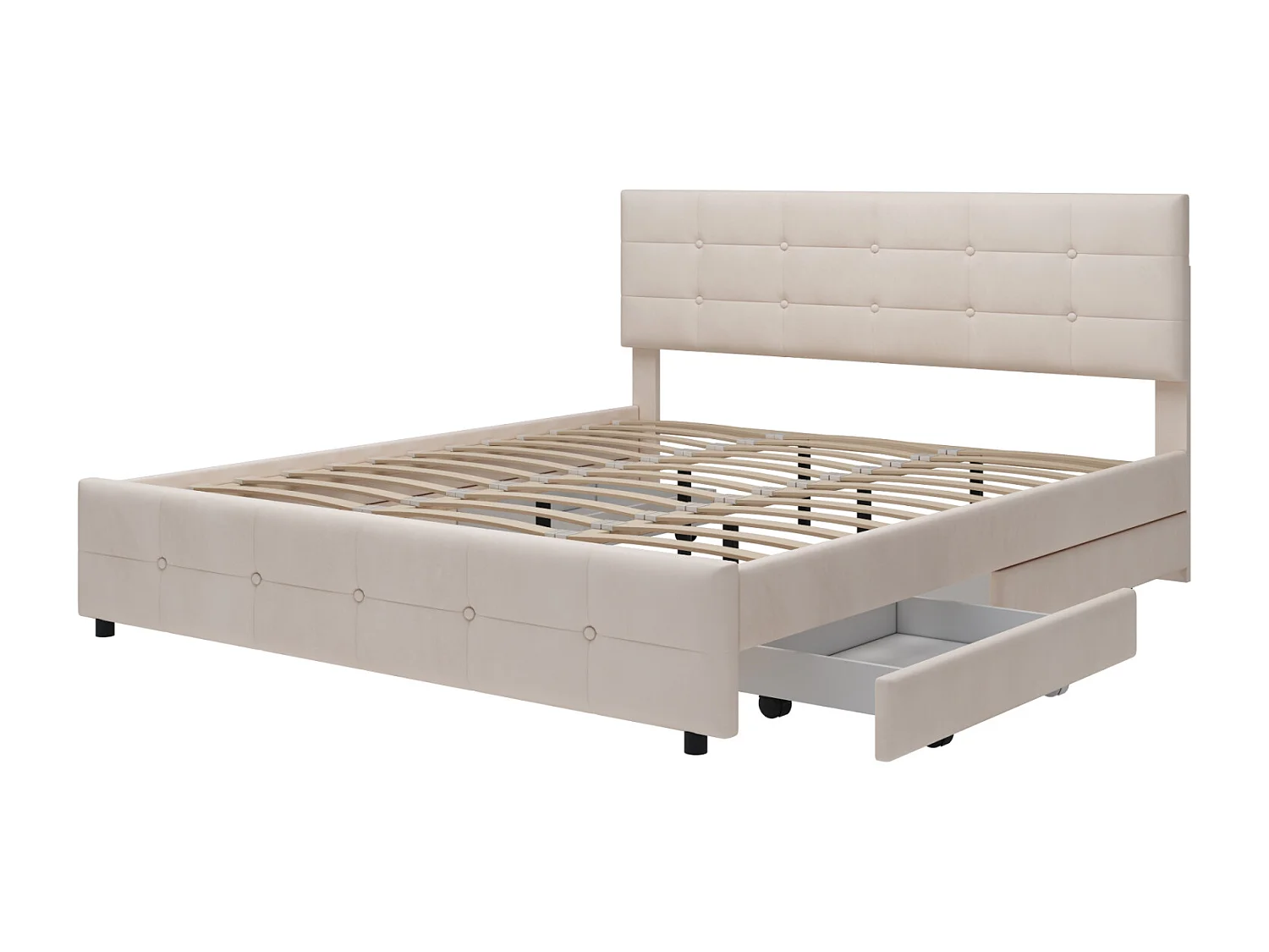 Cama de casal 180x200cm, cama de adulto com 4 gavetas, estrado e encosto de ripas e cabeceira, em veludo - para adultos e adolescentes - bege