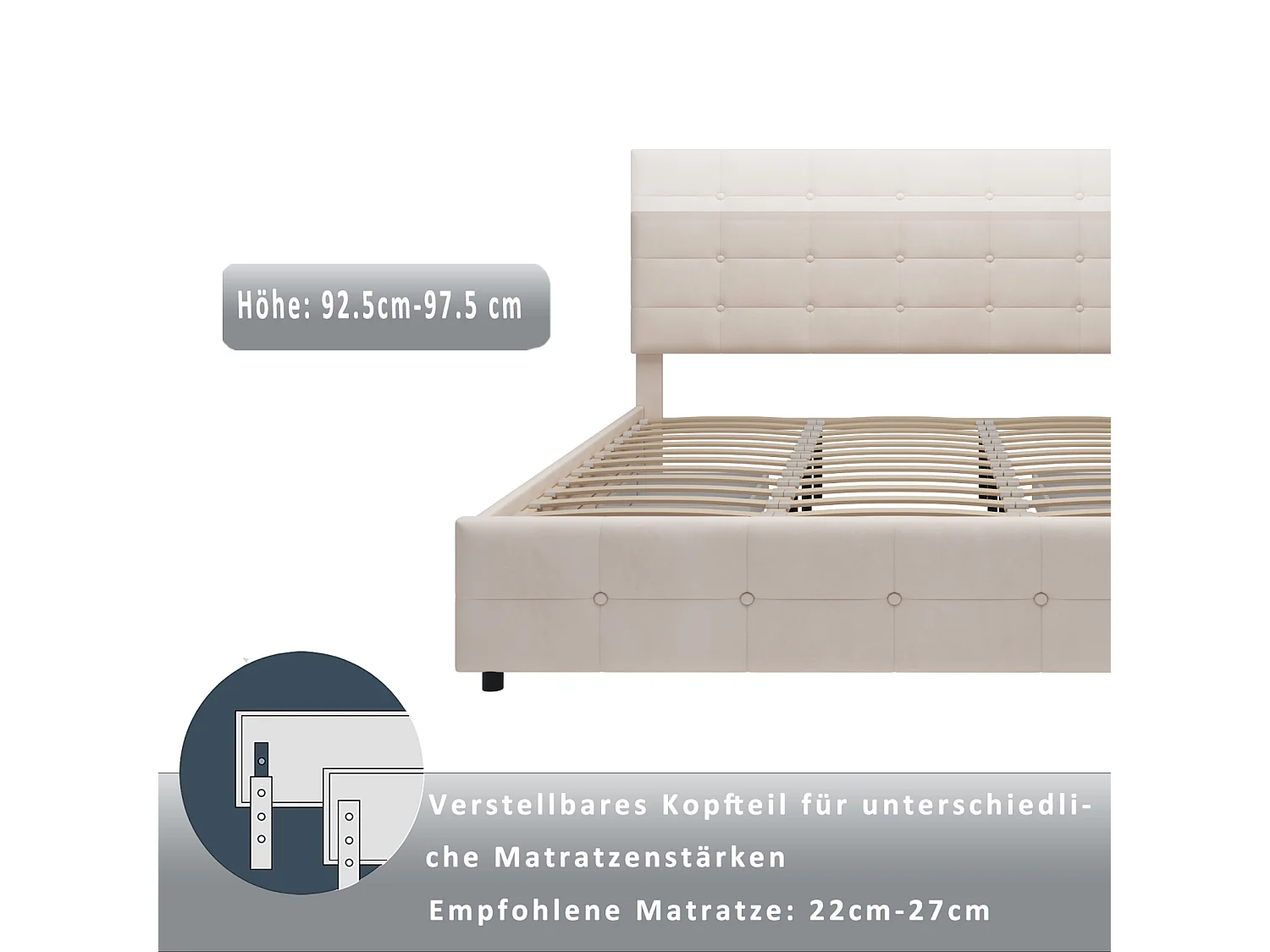 Cama de casal 180x200cm, cama de adulto com 4 gavetas, estrado e encosto de ripas e cabeceira, em veludo - para adultos e adolescentes - bege