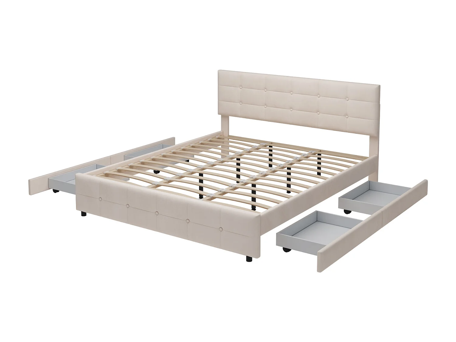 Cama de casal 180x200cm, cama de adulto com 4 gavetas, estrado e encosto de ripas e cabeceira, em veludo - para adultos e adolescentes - bege